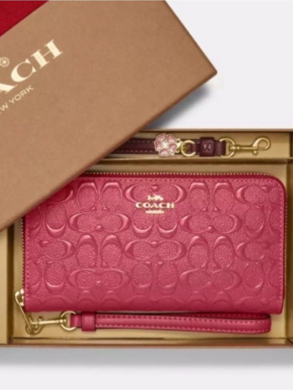 NWT Coach Accordion Zip Signature Debossed Patent Leather Wallet in Strawberry - Picture 3 of 10
